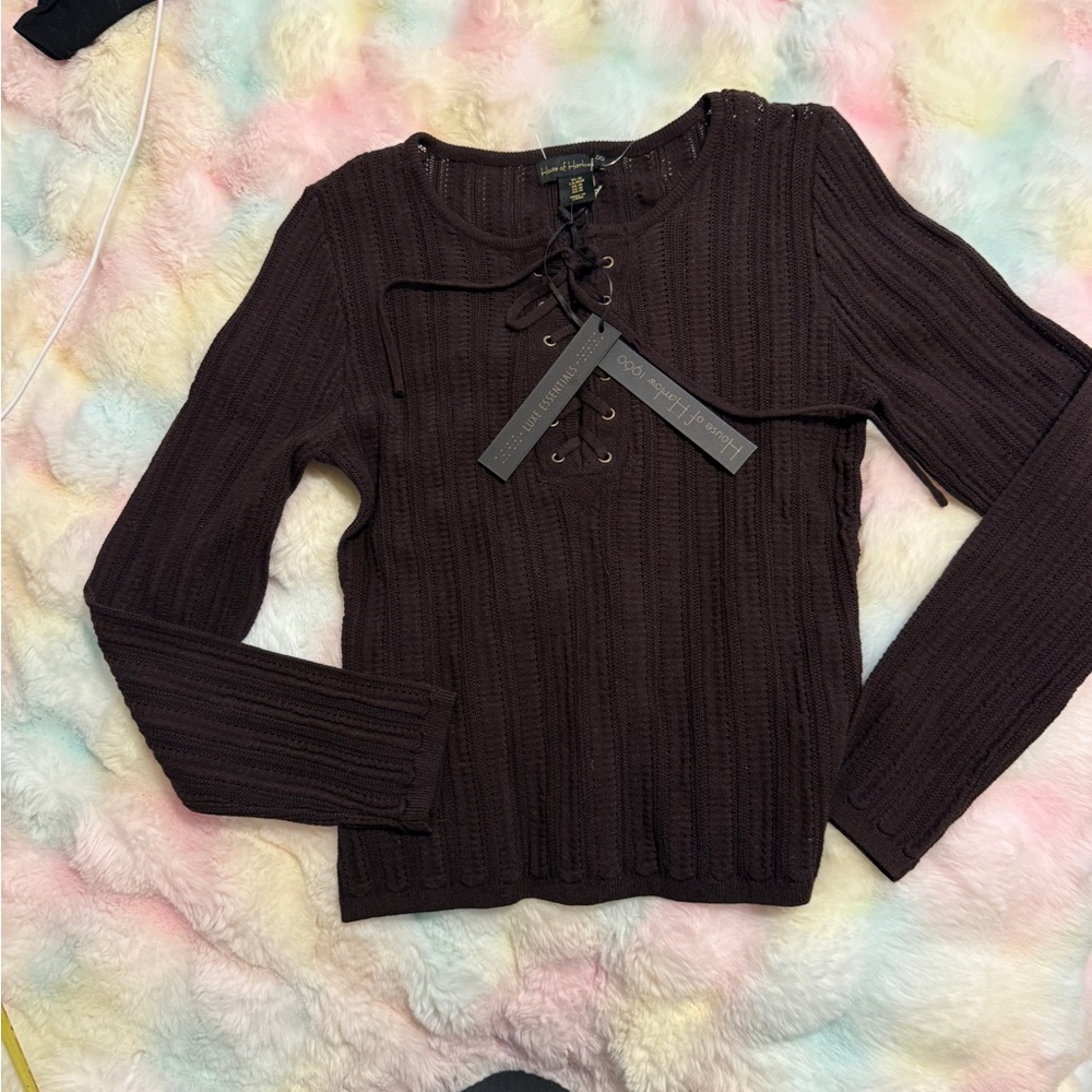 NWT House of Harlow 1960 Revolve Boho Lace-Up Ribbed Sweater Medium